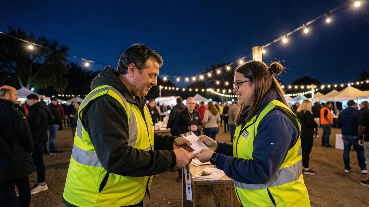 Zwei Helfende in Warnwesten bei der Schichtübergabe an einem Festivaleingang bei Nacht