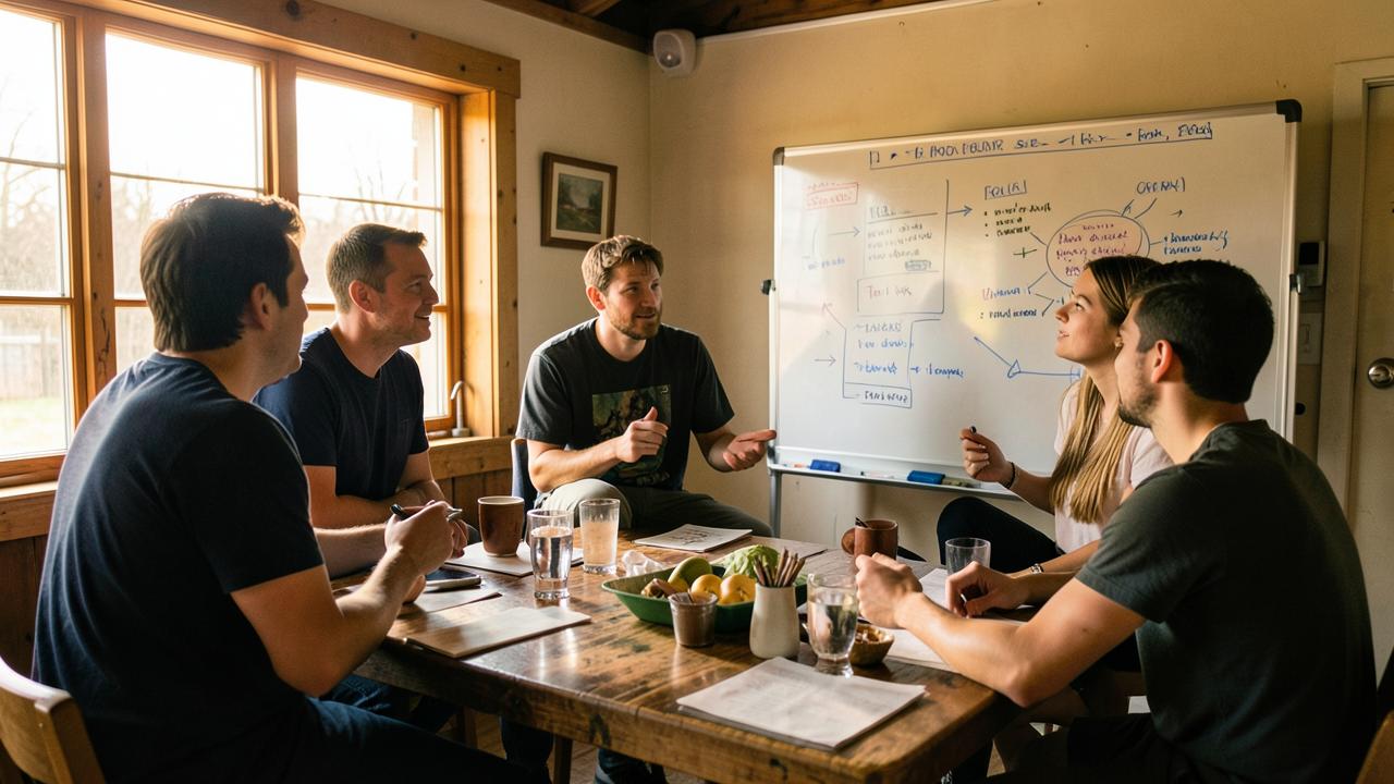 Vereinsmitglieder diskutieren im Vereinslokal an einem Tisch vor einem Flipchart