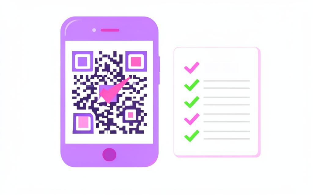 Handy scannt einen QR-Code am Eventeingang, daneben eine Liste mit abgehakten Helfern