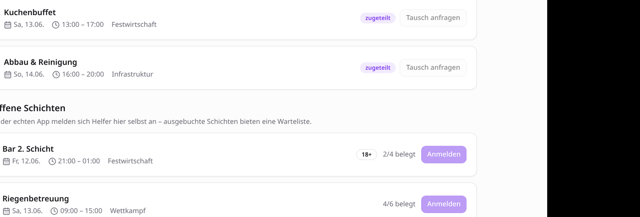 Persönliche Schichtübersicht mit Status und Möglichkeit zur Tauschanfrage