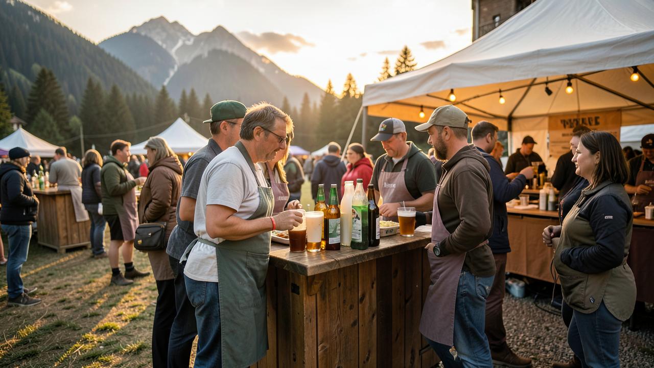 Helfende in Schürzen bedienen an einem Getränkestand an einem Vereinsfest in der Abendsonne
