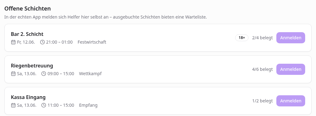Liste offener Schichten mit Belegungsanzeige und Anmelde-Buttons in der Helferansicht
